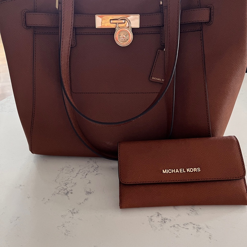 Michael Kors Brown Structured Tote Bag with Gold Hardware